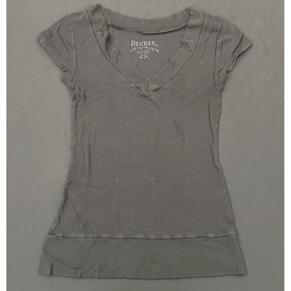 Decree Shirt Womens Medium Gray Stretchy Ribbed Slim Fit Short Sleeve Y2K - Picture 3 of 10